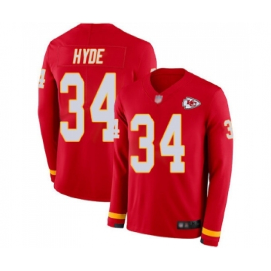 Men's Kansas City Chiefs 34 Carlos Hyde Limited Red Therma Long Sleeve Football Jersey