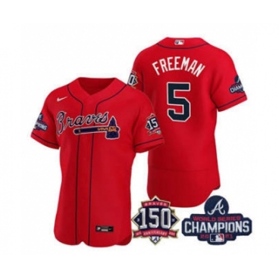 Men's Atlanta Braves 5 Freddie Freeman 2021 Red World Series Champions With 150th Anniversary Flex Base Stitched Jersey