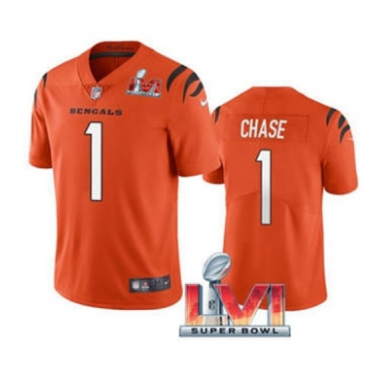 Men's Cincinnati Bengals 1 Ja'Marr Chase Orange 2022 Super Bowl LVI Vapor Limited Stitched Jersey
