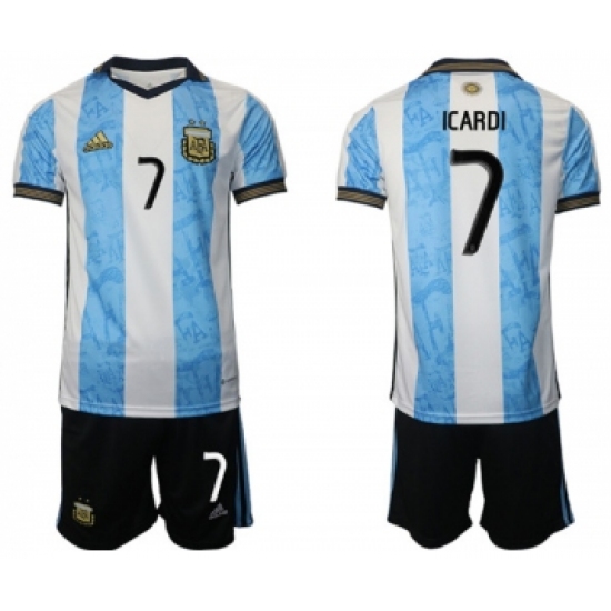 Men's Argentina 7 Icardi White Blue Home Soccer Jersey Suit