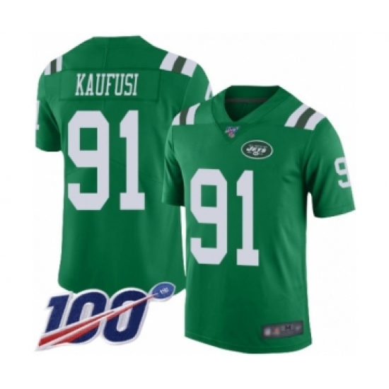 Men's New York Jets 91 Bronson Kaufusi Limited Green Rush Vapor Untouchable 100th Season Football Jersey