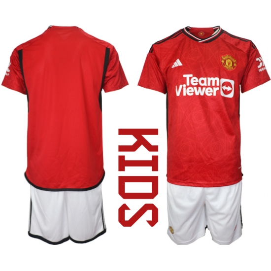 kids Manchester United Blank 2023-24 Red Home Soccer Jersey