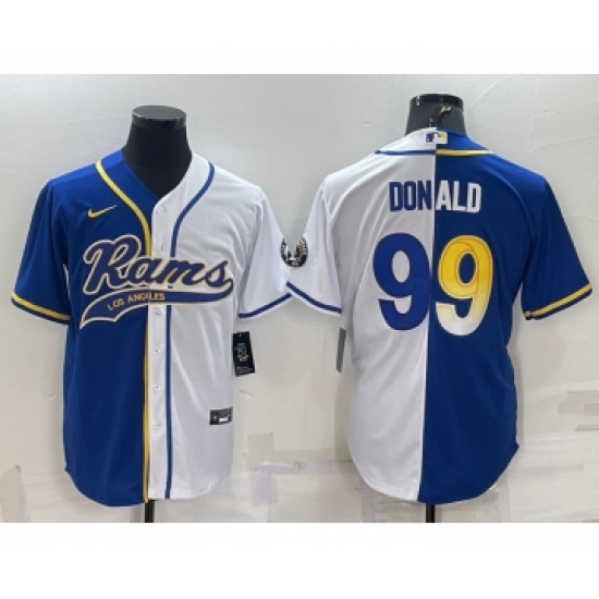 Men's Los Angeles Rams 99 Aaron Donald Royal White Split With Patch Cool Base Stitched Baseball Jersey