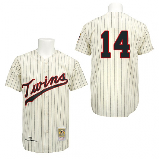 Men's Mitchell and Ness 1969 Minnesota Twins 14 Kent Hrbek Authentic Cream Throwback MLB Jersey