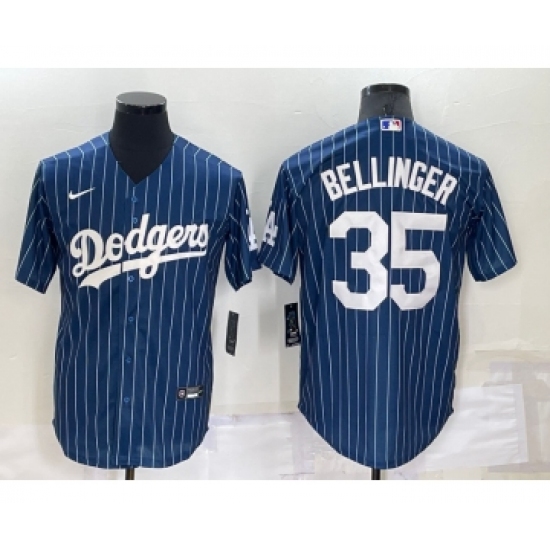 Men's Los Angeles Dodgers 35 Cody Bellinger Navy Blue Pinstripe Stitched MLB Cool Base Nike Jersey