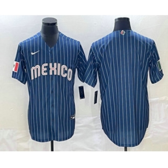 Men's Mexico Baseball Blank 2023 Navy Blue Pinstripe World Baseball Classic Stitched Jersey