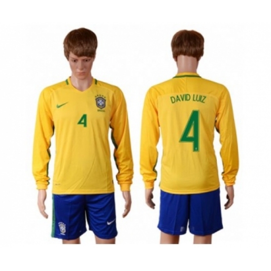 Brazil 4 David Luiz Home Long Sleeves Soccer Country Jersey