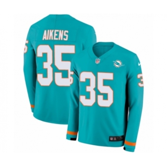 Men's Nike Miami Dolphins 35 Walt Aikens Limited Aqua Therma Long Sleeve NFL Jersey