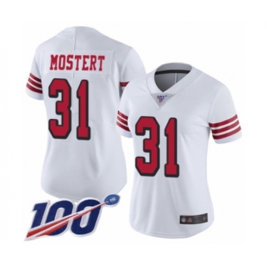 Women's San Francisco 49ers 31 Raheem Mostert Limited White Rush Vapor Untouchable 100th Season Football Jersey