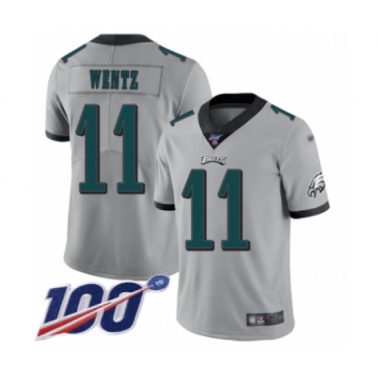 Men's Philadelphia Eagles 11 Carson Wentz Limited Silver Inverted Legend 100th Season Football Jersey