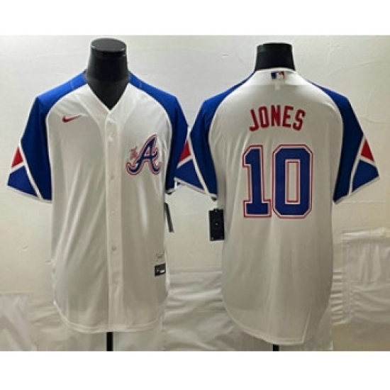 Men's Atlanta Braves 10 Chipper Jones White 2023 City Connect Cool Base Stitched Jersey