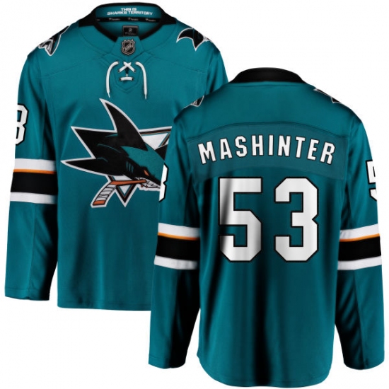 Men's San Jose Sharks 53 Brandon Mashinter Fanatics Branded Teal Green Home Breakaway NHL Jersey
