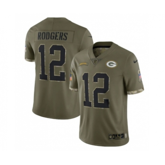 Men's Green Bay Packers 12 Aaron Rodgers 2022 Olive Salute To Service Limited Stitched Jersey