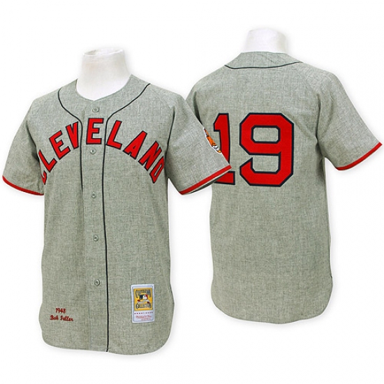 Men's Mitchell and Ness Cleveland Indians 19 Bob Feller Replica Grey Throwback MLB Jersey