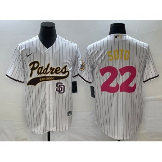 Men's San Diego Padres 22 Juan Soto White Pinstripe 2023 City Connect Cool Base Stitched Jersey 1