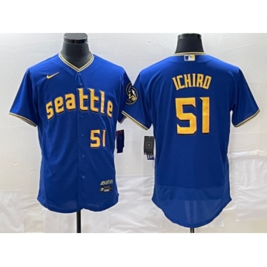Men's Seattle Mariners 51 Ichiro Suzuki Number Blue 2023 City Connect Flex Base Stitched Jersey 1