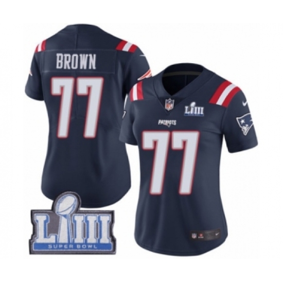 Women's Nike New England Patriots 77 Trent Brown Limited Navy Blue Rush Vapor Untouchable Super Bowl LIII Bound NFL Jersey