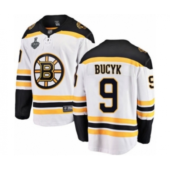 Men's Boston Bruins 9 Johnny Bucyk Authentic White Away Fanatics Branded Breakaway 2019 Stanley Cup Final Bound Hockey Jersey