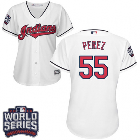 Women's Majestic Cleveland Indians 55 Roberto Perez Authentic White Home 2016 World Series Bound Cool Base MLB Jersey