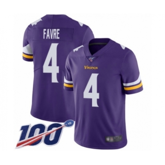 Men's Minnesota Vikings 4 Brett Favre Purple Team Color Vapor Untouchable Limited Player 100th Season Football Jersey