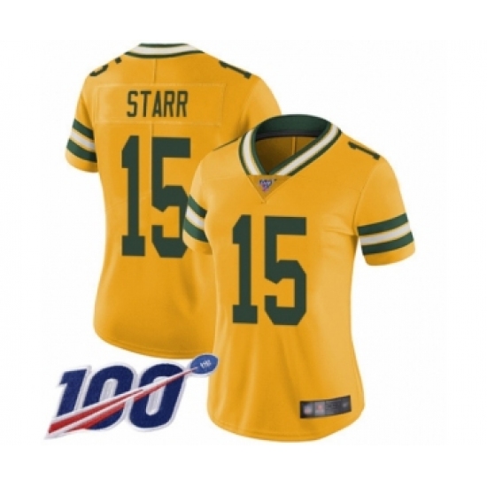 Women's Green Bay Packers 15 Bart Starr Limited Gold Rush Vapor Untouchable 100th Season Football Jersey