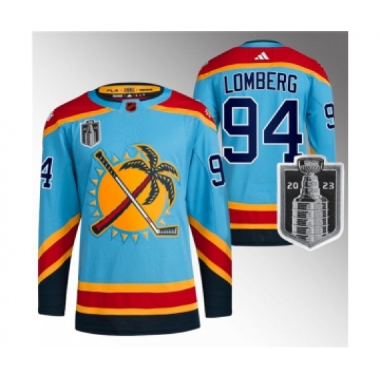 Men's Florida Panthers 94 Ryan Lomberg Blue 2023 Stanley Cup Final Reverse Retro Stitched Jersey