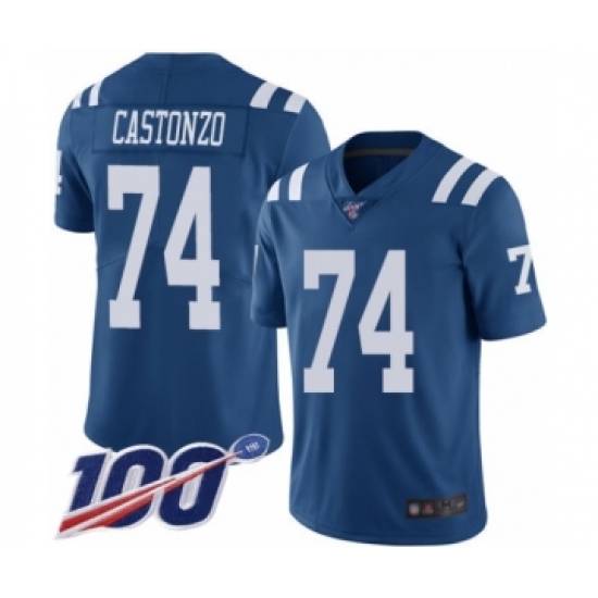 Men's Indianapolis Colts 74 Anthony Castonzo Limited Royal Blue Rush Vapor Untouchable 100th Season Football Jersey