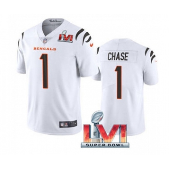 Men's Cincinnati Bengals 1 Ja'Marr Chase White 2022 Super Bowl LVI Vapor Limited Stitched Jersey