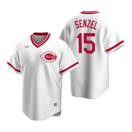 Men's Nike Cincinnati Reds 15 Nick Senzel White Cooperstown Collection Home Stitched Baseball Jersey