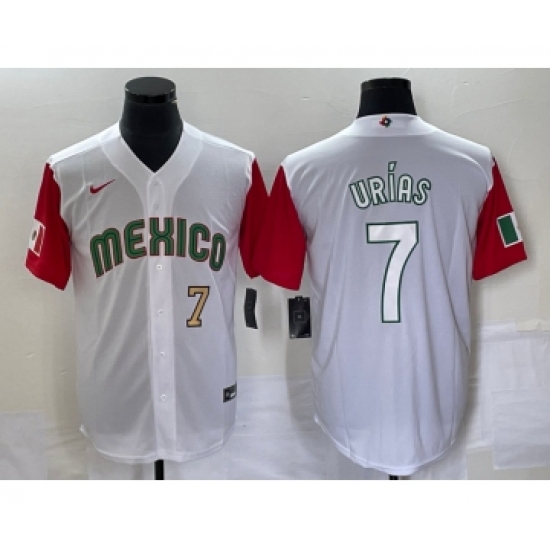 Men's Mexico Baseball 7 Julio Urias Number 2023 White Red World Classic Stitched Jersey 34