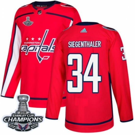 Men's Adidas Washington Capitals 34 Jonas Siegenthaler Premier Red Home 2018 Stanley Cup Final Champions NHL Jersey