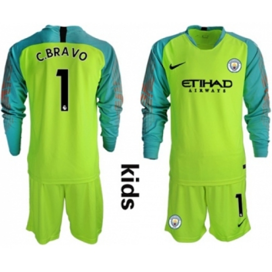 Manchester City 1 C.Bravo Shiny Green Goalkeeper Long Sleeves Kid Soccer Club Jersey