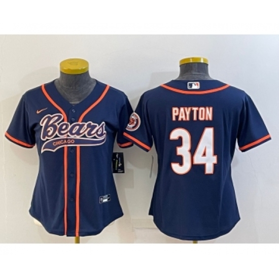 Women's Chicago Bears 34 Walter Payton Navy With Patch Cool Base Stitched Baseball Jersey