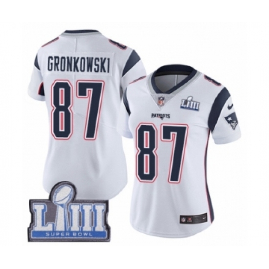 Women's Nike New England Patriots 87 Rob Gronkowski White Vapor Untouchable Limited Player Super Bowl LIII Bound NFL Jersey