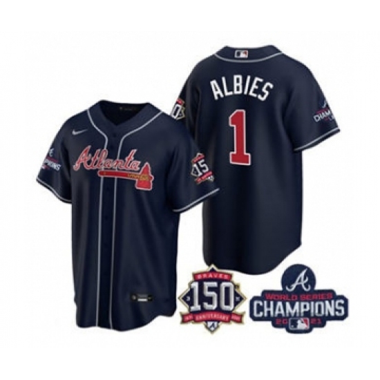 Men's Atlanta Braves 1 Ozzie Albies 2021 Navy World Series Champions With 150th Anniversary Patch Cool Base Stitched Jersey