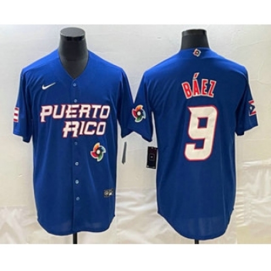 Men's Puerto Rico Baseball 9 Javier Baez 2023 Blue World Baseball Classic Stitched Jersey