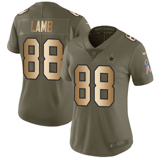 Women's Dallas Cowboys 88 CeeDee Lamb Olive Gold Stitched Limited 2017 Salute To Service Jersey