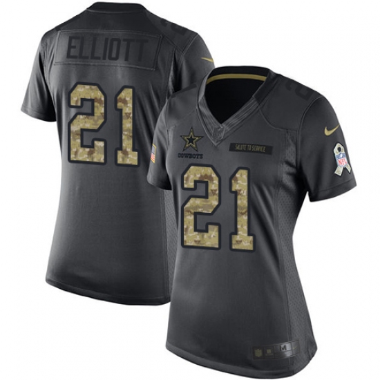 Women's Nike Dallas Cowboys 21 Ezekiel Elliott Limited Black 2016 Salute to Service NFL Jersey