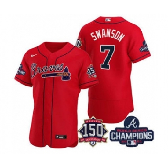 Men's Atlanta Braves 7 Dansby Swanson 2021 Red World Series Champions With 150th Anniversary Flex Base Stitched Jersey