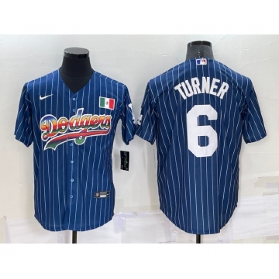 Men's Los Angeles Dodgers 6 Trea Turner Rainbow Blue Red Pinstripe Mexico Cool Base Nike Jersey