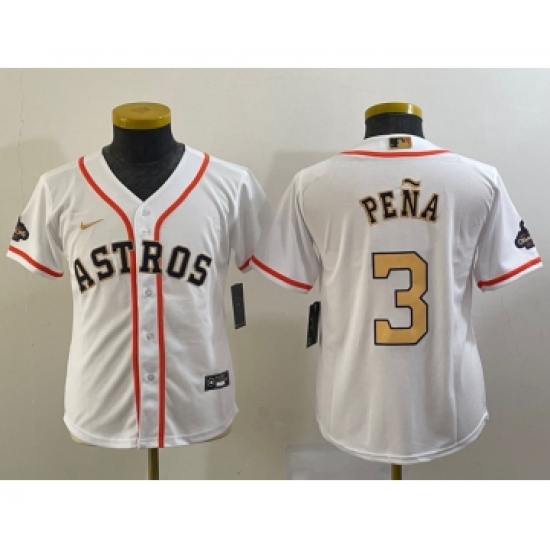 Youth Houston Astros 3 Jeremy Pena 2023 White Gold World Serise Champions Cool Base Stitched Jersey