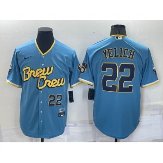 Men's Milwaukee Brewers 22 Christian Yelich Number Blue 2022 City Connect Cool Base Stitched Jersey