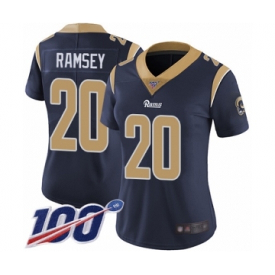 Women's Los Angeles Rams 20 Jalen Ramsey Navy Blue Team Color Vapor Untouchable Limited Player 100th Season Football Jersey