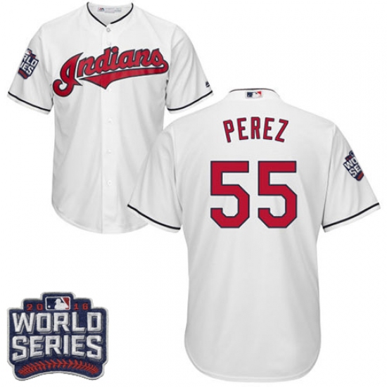 Youth Majestic Cleveland Indians 55 Roberto Perez Authentic White Home 2016 World Series Bound Cool Base MLB Jersey