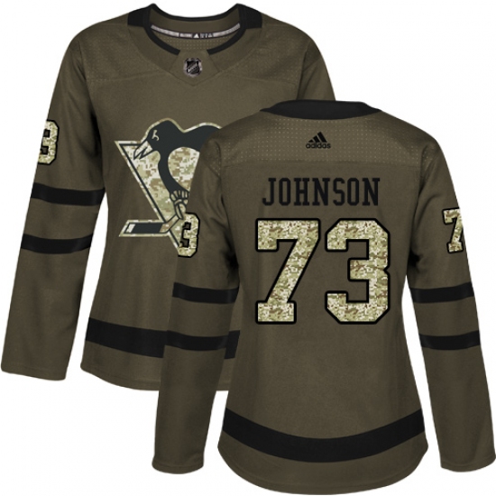 Women's Adidas Pittsburgh Penguins 73 Jack Johnson Authentic Green Salute to Service NHL Jersey
