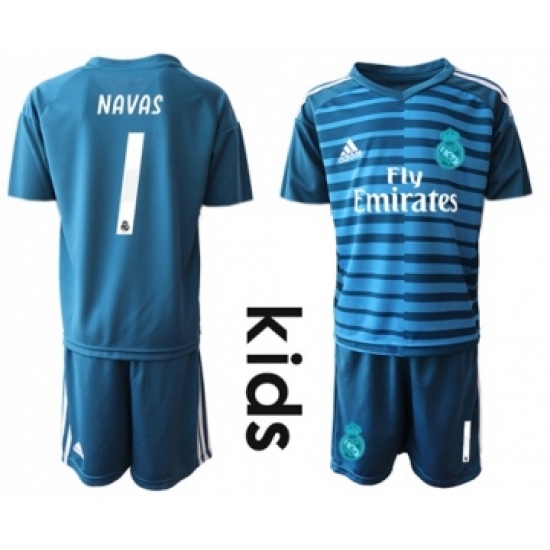 Real Madrid 1 Navas Blue Goalkeeper Kid Soccer Club Jersey