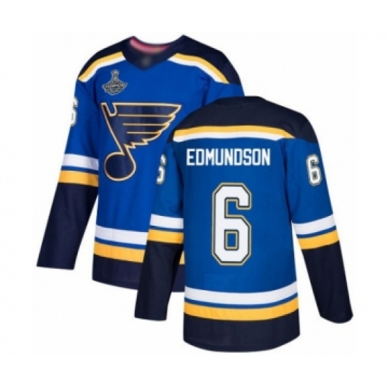 Men's St. Louis Blues 6 Joel Edmundson Authentic Royal Blue Home 2019 Stanley Cup Champions Hockey Jersey