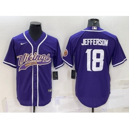Men's Minnesota Vikings 18 Justin Jefferson Purple With Patch Cool Base Stitched Baseball Jersey - Click Image to Close