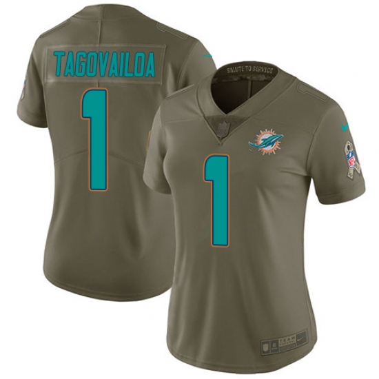 Women's Miami Dolphins 1 Tua Tagovailoa Olive Stitched Limited 2017 Salute To Service Jersey