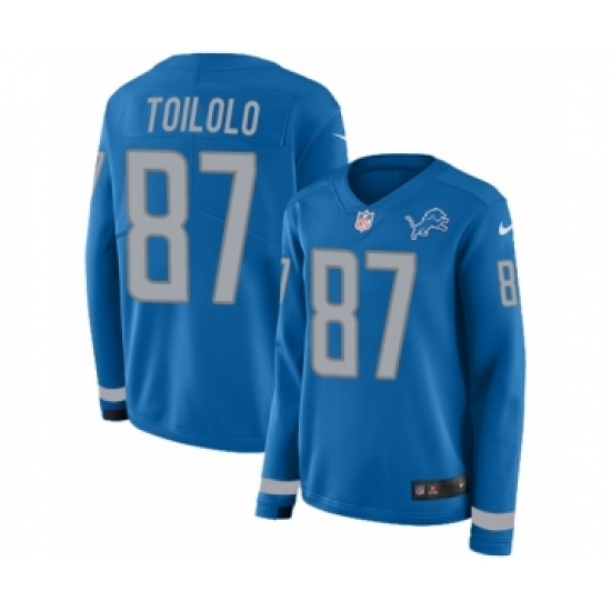 Women's Nike Detroit Lions 87 Levine Toilolo Limited Blue Therma Long Sleeve NFL Jersey